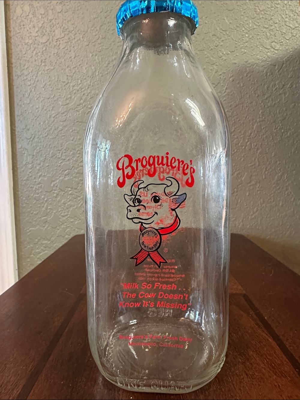 Vintage 1992 Broguiere's Dairy Olympic Glass Milk Bottle One Quart With Lid